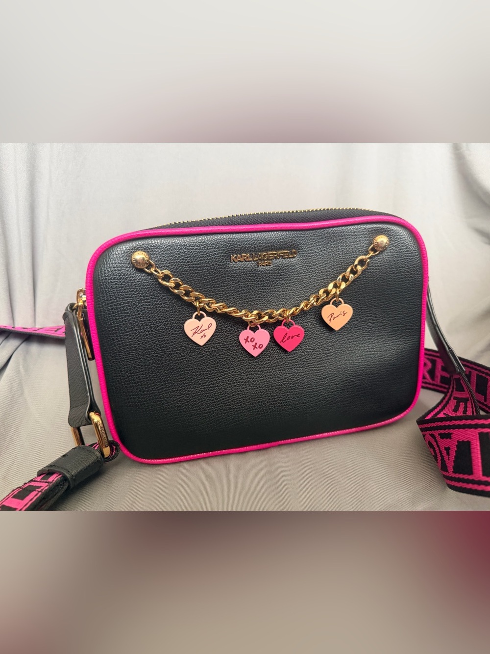 KARL LAGERFELD PARIS Black Fuchsia Crossbody Camera Bag Heart Charm Chain